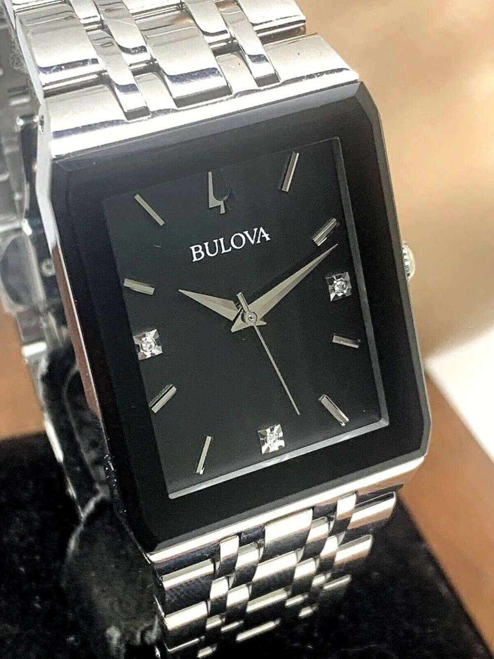 Bulova Men's Watch 96D145 Quartz Diamond Black Dial Rectangle Silver Steel
